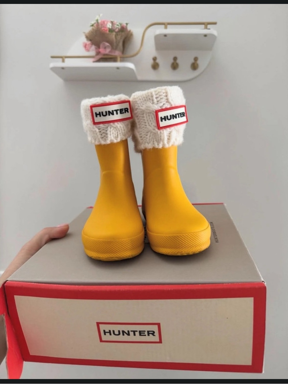 Hunter Kids Bright Yellow Rain Boots with Cream Knit Cuffs